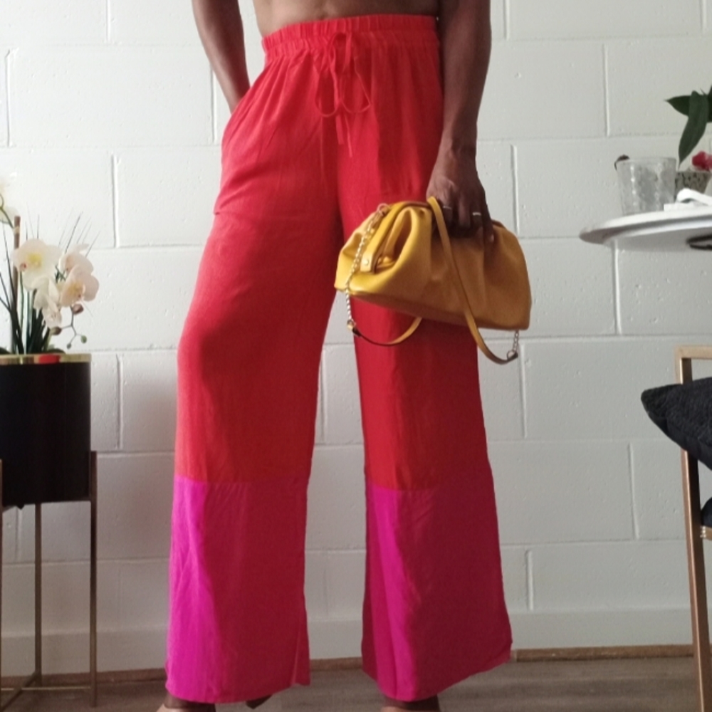 Elastic Waist Wide Leg Red Pant With Pink Cuff 💗❤💗